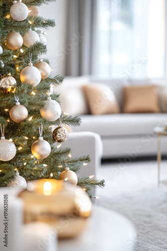 Elegant christmas tree with golden decorations and gifts in luxurious living room