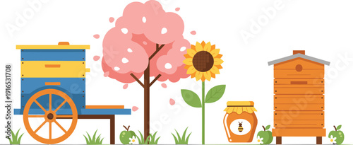 Beekeeping and Honey Farm Vector Illustration with Beehives, Honey Jar, Sunflower and Blooming Tree in Flat Nature Style