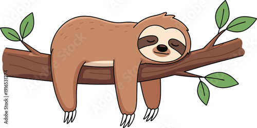 Vector illustration of a cute brown sloth sleeping peacefully on a tree branch for wildlife and nature design।