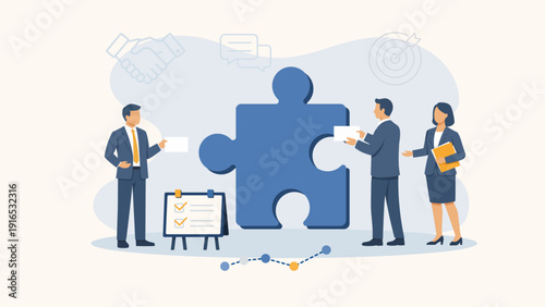 Team Collaboration and Partnership with Puzzle Piece Metaphor Flat Vector Illustration