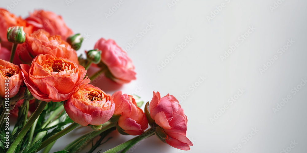 Obraz premium clean macro floral web banner showing vibrant coral ranunculus flowers with soft layered petals, arranged horizontally across the top and bottom of a white background, no green ele