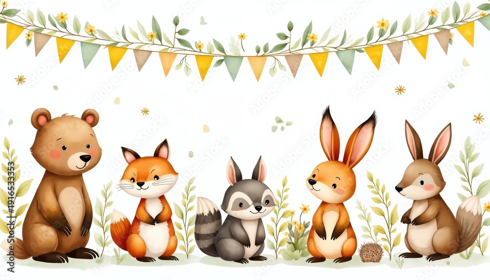Fototapeta premium Cute woodland creatures including bear, fox, raccoon, rabbits gather under festive bunting, floral garland. Adorable forest animals pose together in gentle green nature scene for celebration