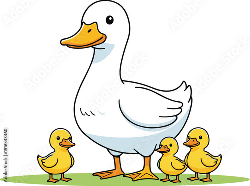 Vector illustration of a white mother duck with three cute yellow ducklings on green grass for nature design