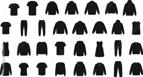 Clothing silhouette vector set, t shirts, hoodies, jackets, dresses and pants apparel collection isolated on white background illustration