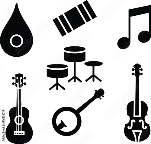 Music instrument and note silhouette vector set, guitar, violin, banjo, drums and musical symbols isolated on white background illustration