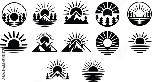 Sun and mountain landscape silhouettes vector set, sunrise over forest and water icons, nature logo collection isolated on white background