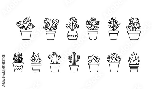 Hand-drawn potted plants and flowers vector icon set with black line art for minimalist botanical illustrations and UI design