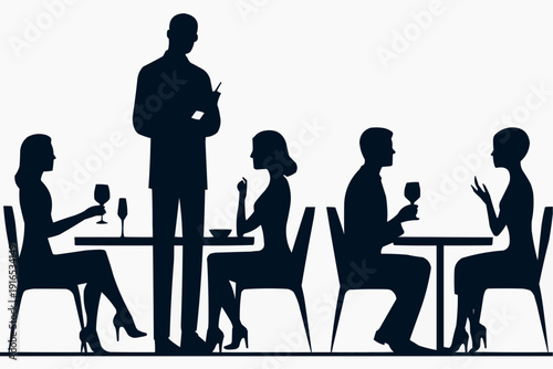 Restaurant Waiter Serving Silhouettes Dining Couples