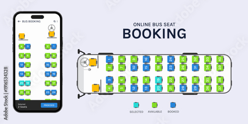 Online Bus Ticket Booking App UI Interface with Coach Bus Seat Layout Vector