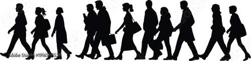Business people walking silhouette, commuter crowd, urban workforce, professional lifestyle, city rush hour, corporate teamwork, modern society flow