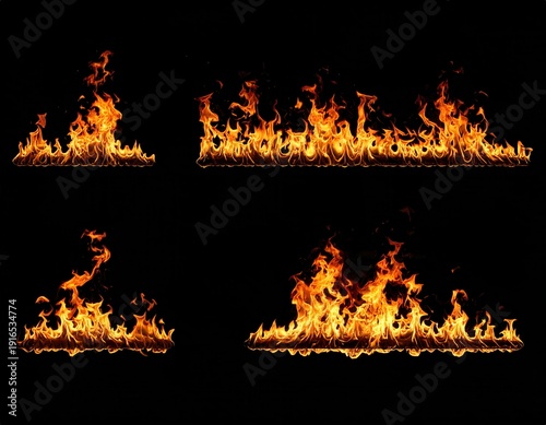 Four detailed fire images showcasing different flame shapes and sizes with dynamic orange and yellow hues set against a black background for dramatic effect