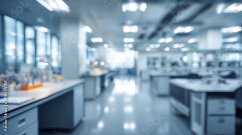 Abstract blurred science laboratory interior background, modern research workspace with defocused equipment, futuristic medical and biotechnology lab environment backdrop
