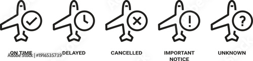 Flight status icons set with airplane silhouettes paired with checkmark clock X exclamation and question mark symbols indicating on time delayed cancelled important notice and unknown status for airpo