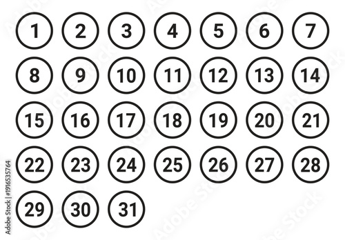 "Calendar Numbers 1–31 in Circle Icons – Monthly Date Grid Vector Illustration for Planner, Schedule, and Educational Use – Number Set with Weekly Layout, Counting Aid, and Calendar Design Elements"