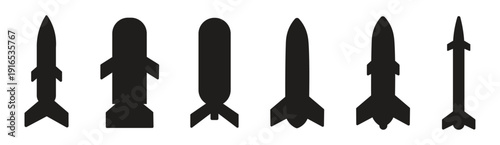 Set of Ballistic Missiles Bombs and Rockets Silhouettes Black Side View Vector Icons of Military Weaponry Including Intercontinental Ballistic Missiles ICBM Guided Bombs Cruise Missiles Artillery Rock