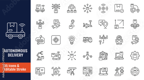 Autonomous delivery icon set. Icons related to robot, ai, logistic, drone, technology, package and more. Outline icon with Editable stroke. Vector illustration