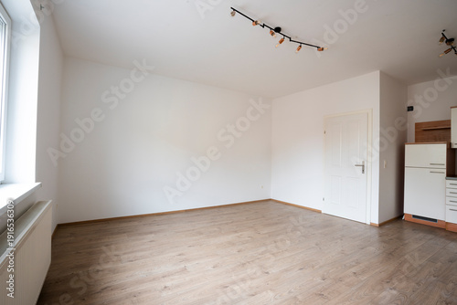 empty apartment, kitchen room, for sale, living room, no furniture