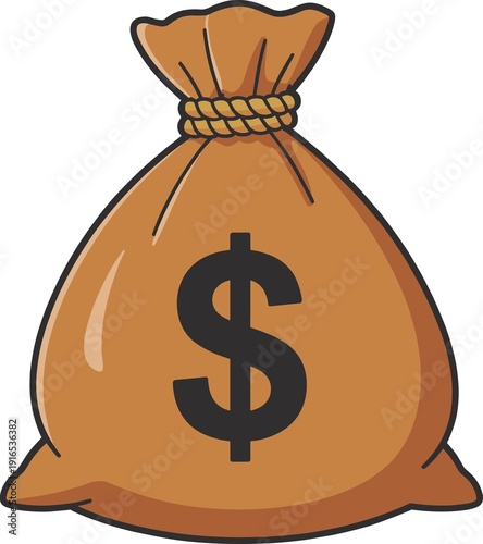 Big bag of money brown burlap sack with dollar symbol finance savings earning profit capital accumulation cash treasure
