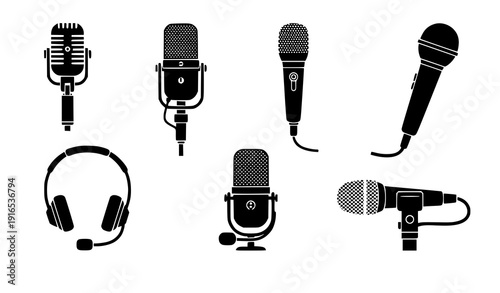 Retro and modern microphone silhouette vector set