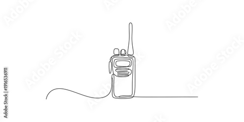 Continuous line drawing of a portable walkie-talkie radio communication device on white.