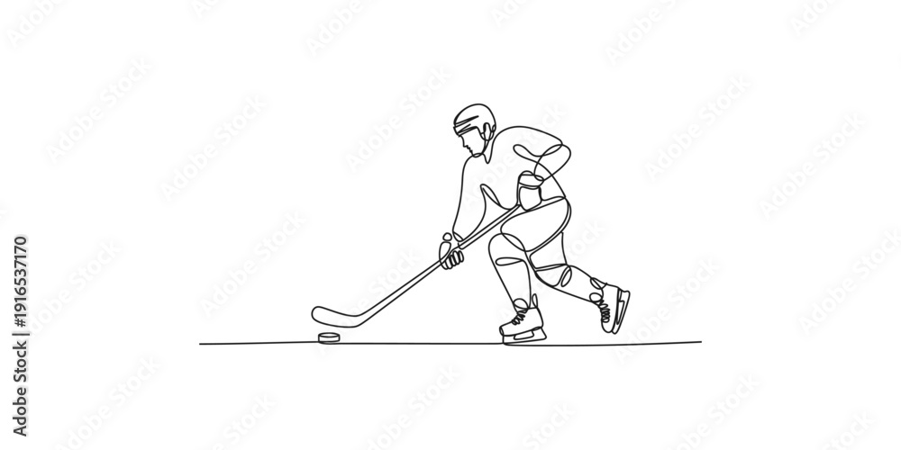 Fototapeta premium Minimalist line art illustration of a hockey player in motion with a stick and puck