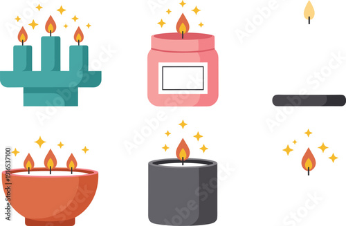 Decorative Candle Vector Illustration Set with Lit Wax Candles, Jar Candle, Bowl Candle and Minimal Cozy Home Decoration Elements