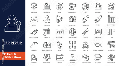 Car Repair icon set. Car service and Maintenance icon. Icons related to repair, maintenance, inspection, parts, units, elements and more. Outline icon with Editable stroke. Vector illustration