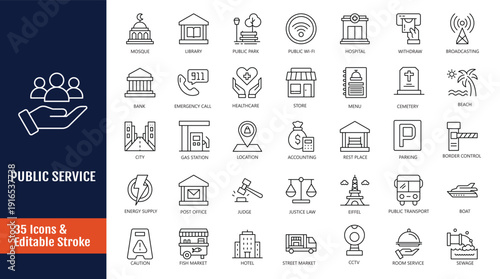Public service icon set. Icons related to community center, public park, city hall, government, policy, community, volunteer and more. Outline icon with Editable stroke. Vector illustration