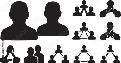 Black silhouettes of people in various group formations together