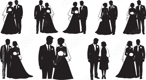 Silhouettes of couples in formal wedding attire and dresses