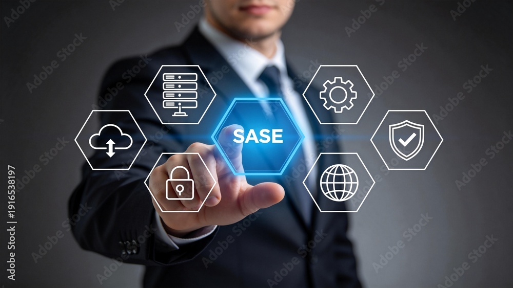 Naklejka premium Businessman pressing SASE secure access service edge interface,cloud networking and cybersecurity architecture concept,digital transformation and enterprise data protection
