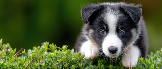 A black and white border collie puppy runs on green grass with a blurred background, showing its soft fur and playful spirit