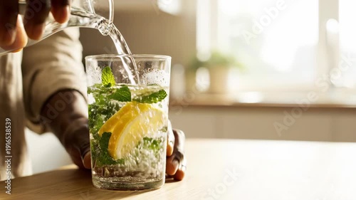 Calm hands preparing lemon mint infused water for minimal lifestyle, wide composition with clean copy space,soft natural light and realistic lens behavior,gentle camera movement,calm minimalist mood f