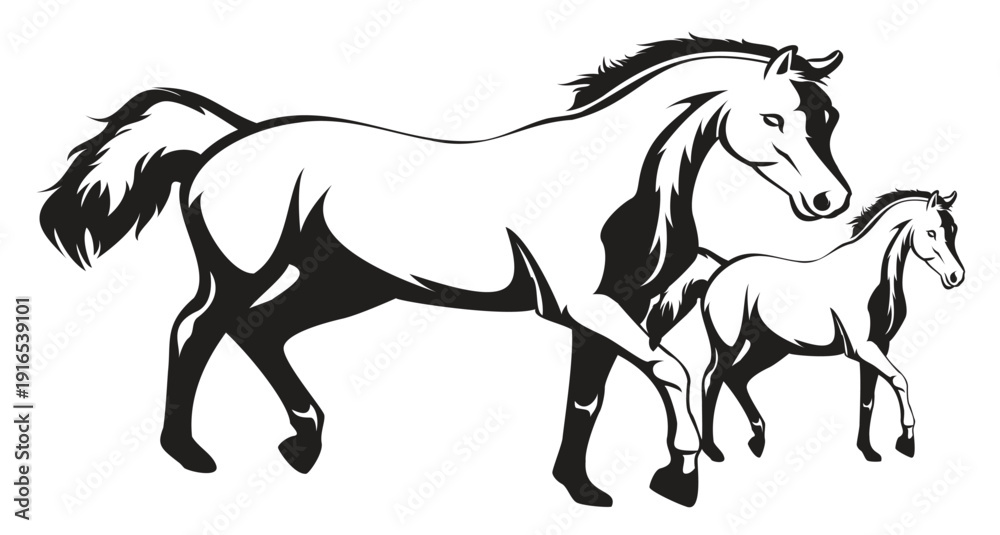 Obraz premium Black and white line drawing of a horse standing design. Horses in black and red silhouette against a white background, Vector illustration