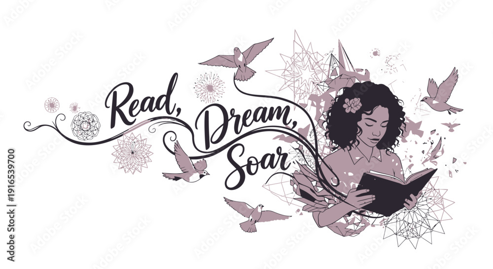 Fototapeta premium Woman reading book with birds and flowers, inspirational quote Read, Dream, Soar in elegant script, isolated on transparent background
