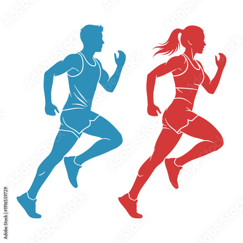 athletic running man and woman silhouettes, marathon runner illustration