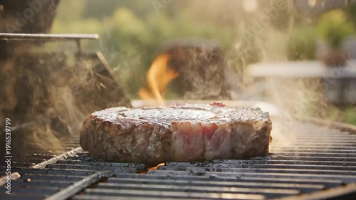 Close-up shot of a juicy ribeye steak being flipped on a hot outdoor barbecue grill with flames