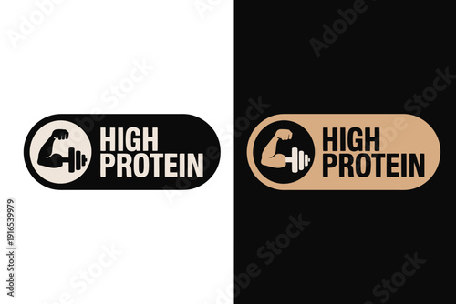 High Protein Logos with Flexed Arm and Dumbbell Symbols on Black and White Backgrounds
