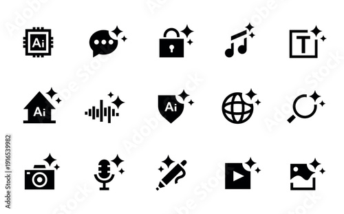 AI generate icons with magic sparkles and security shield for chatbot software UI, generative music, text editing, voice and video, image creation, smart home automation AI tools. Vector isolated set