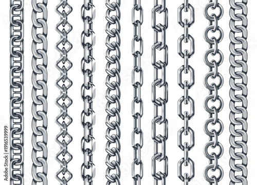 Silver chain seamless borders. Vertical metal links, polished steel pattern brushes for jewelry, marine design. Glossy realistic chains for necklace or bracelet vector dividers isolated set
