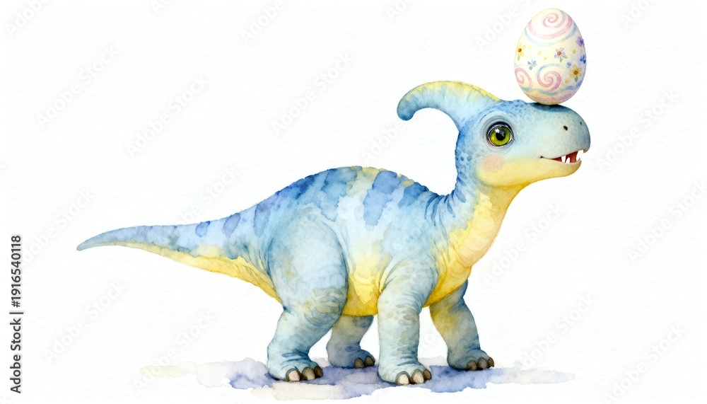 Naklejka premium Cute watercolor Parasaurolophus balancing a decorated Easter egg on its head
