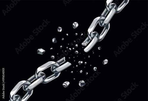 Broken metal chain with snapping. Freedom and energy, power and escape concept. Glossy steel chain link rupture, liberation and unshackled symbol. Vintage vector isolated illustration