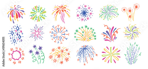 Fireworks burst doodle. Firecracker with sparkle stars and color explosion for holiday celebration, Diwali festival and party invitation. Hand drawn bright pyrotechnic, confetti isolated vector set