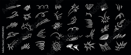 Comic energy elements doodle set. Speed rays and explosion bursts for cartoon manga action, dynamic motion, power and sound, bomb bang impact effect. Hand drawn isolated vector collection