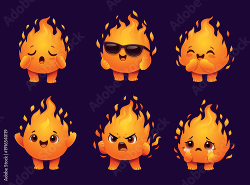 Fire character. Cute cartoon flame mascot with funny face and sparks, cheerful blaze kawaii emoji, sleepy, angry and happy, crying expression. Power, burning and energy, heat chibi vector emoticon