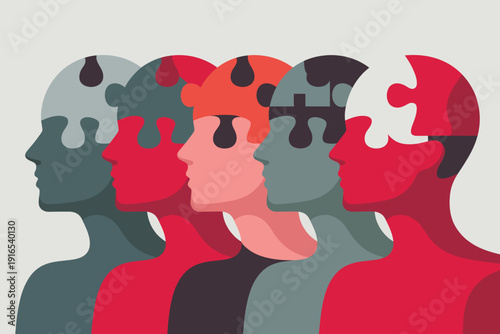 Diverse group of people with puzzle pieces, symbolizing unity and individuality in a modern illustration
