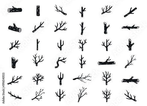 Tree branches, rustic stick silhouette. Hand drawn wood twigs, abstract autumn bare black branch bark, forest outline wooden logs. Doodle firewood minimal elements, Halloween gothic vector decoration