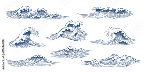 Hand drawn sea waves. Ocean blue water surf wave vintage sketch, tidal foam, storm splashes doodle, nautical outline graphic in Japanese engraving style. Marine retro tattoo vector isolated set