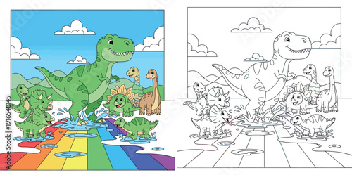 Cute cartoon dinosaurs playing on rainbow road, happy T-Rex and baby dino friends splashing in water puddles, colorful vector illustration for kids