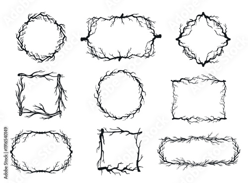 Rustic branch frame. Abstract dry twigs botanical borders, decorative entwined tree branches. Circle, square and oval, rectangle hand drawn roots. Vintage spooky Halloween mystical vector decoration